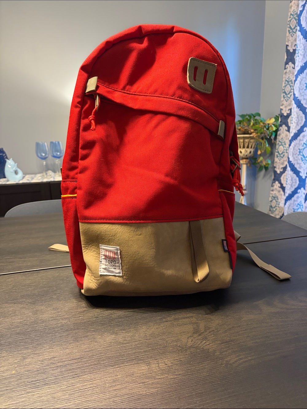 Topo Designs Daypack Backpack Red Khaki Leather EUC